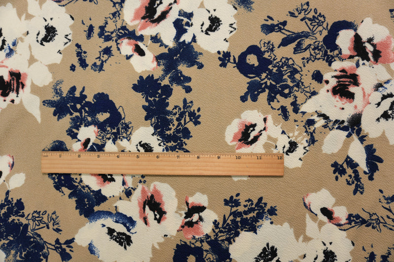 Brown-Navy Poly Floral Chevron Liverpool Double Knit Fabric