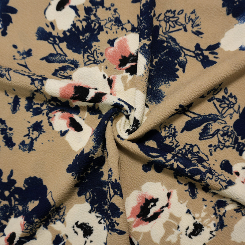 Brown-Navy Poly Floral Chevron Liverpool Double Knit Fabric