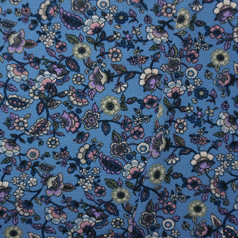 Blue-Purple-Multi Poly Floral Liverpool Double Knit Fabric