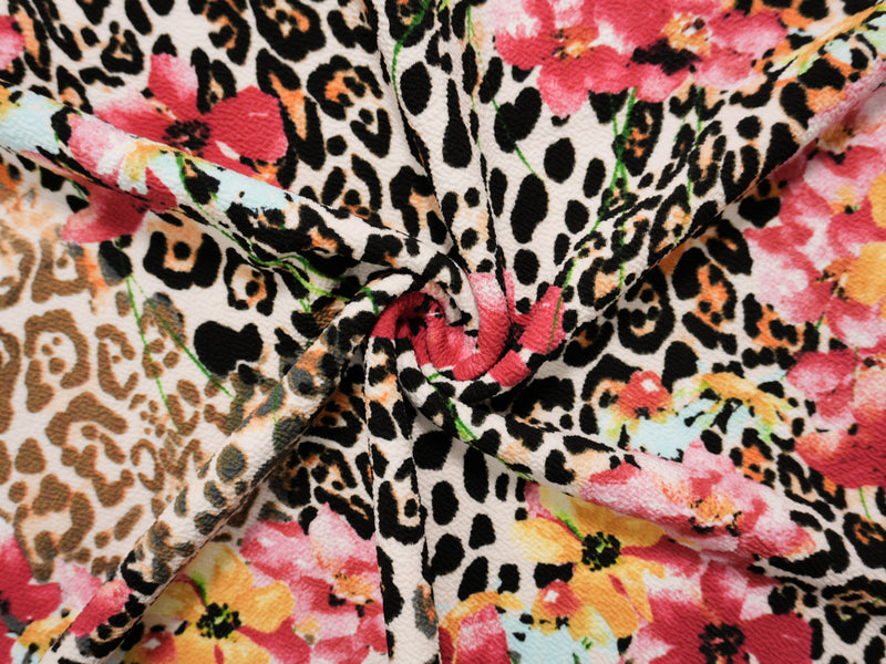 Red-Black-Multi Poly Leopard Floral Liverpool Double Knit Fabric