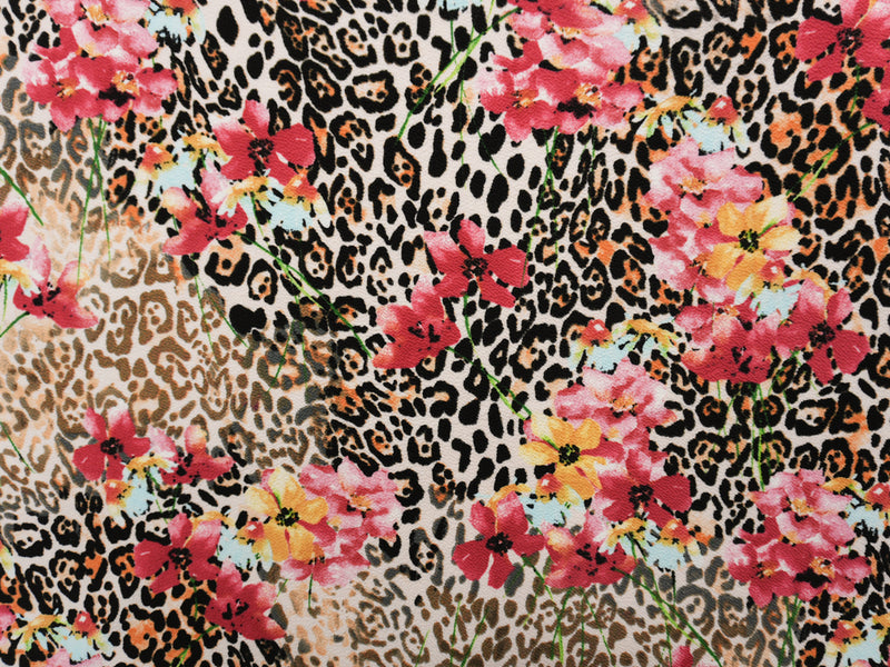 Red-Black-Multi Poly Leopard Floral Liverpool Double Knit Fabric