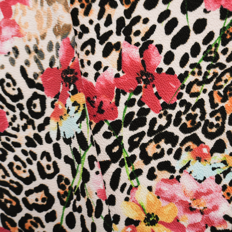 Red-Black-Multi Poly Leopard Floral Liverpool Double Knit Fabric