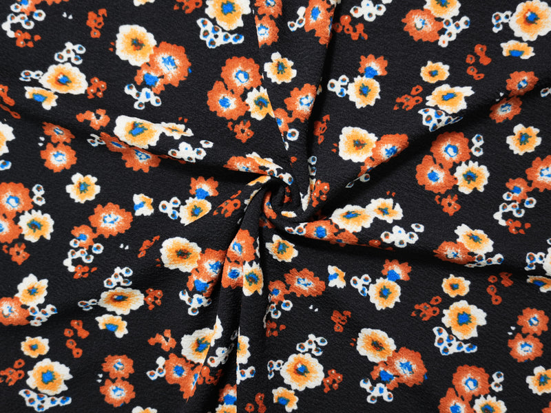 Black-Orange Poly Stretch Floral Liverpool Double Knit Fabric