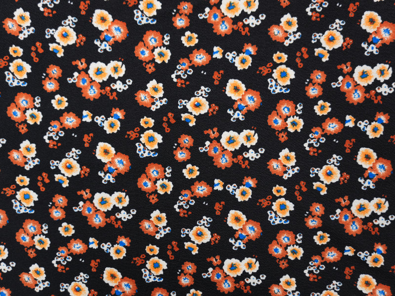 Black-Orange Poly Stretch Floral Liverpool Double Knit Fabric