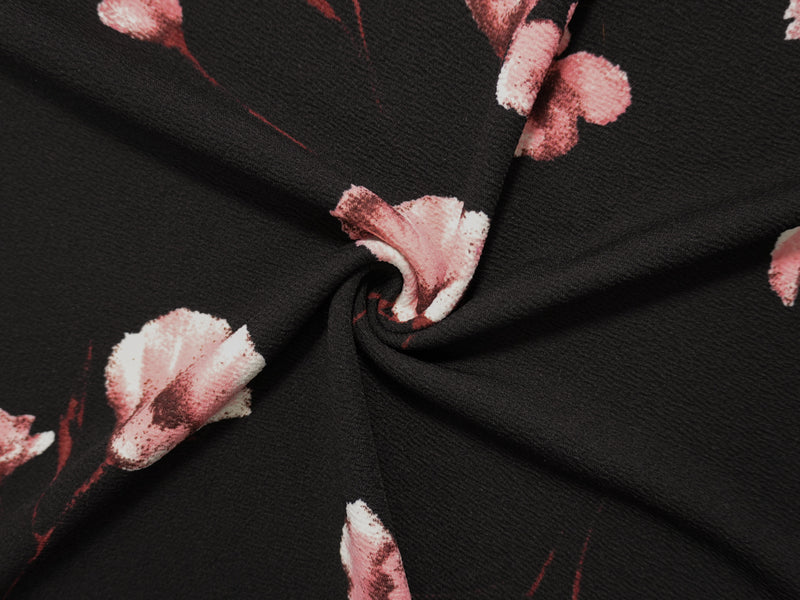 Black-Pink-Brown Poly Stretch Floral Liverpool Double Knit Fabric