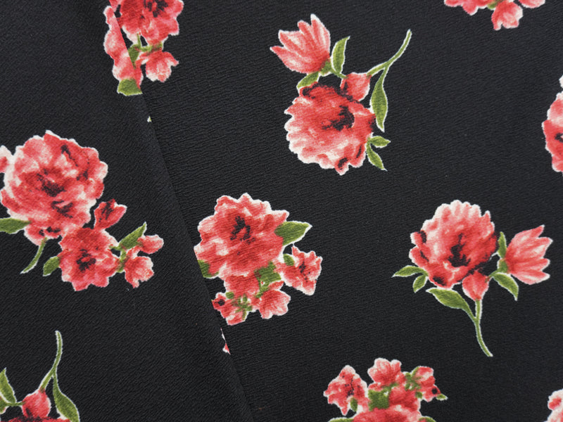 Black-Red-Multi Poly Stretch Floral Liverpool Double Knit Fabric