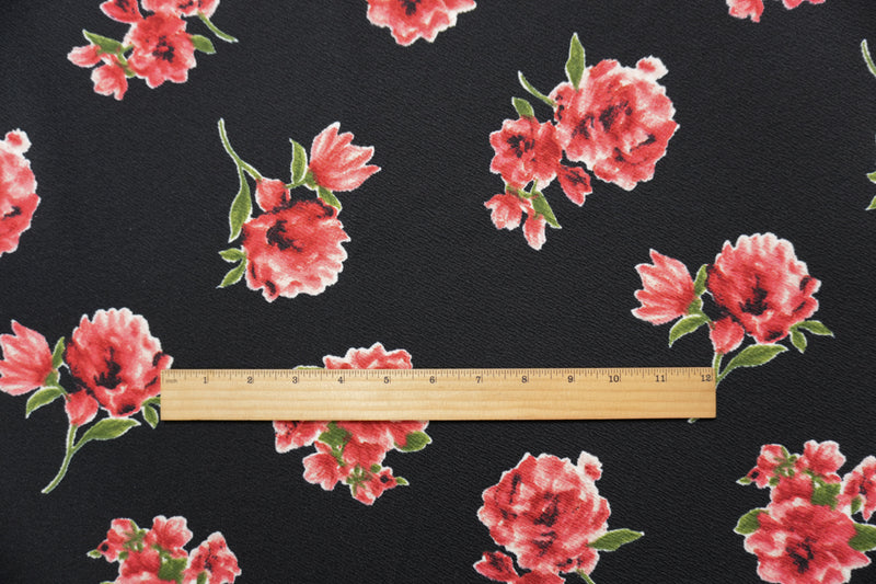 Black-Red-Multi Poly Stretch Floral Liverpool Double Knit Fabric