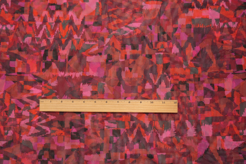 Red-Multi Poly Abstract Printed Net Mesh Knit Fabric