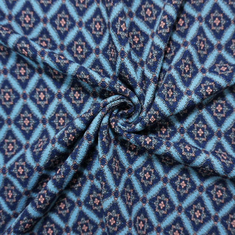 Blue-Multi Poly Diamond Floral Liverpool Double Knit Fabric
