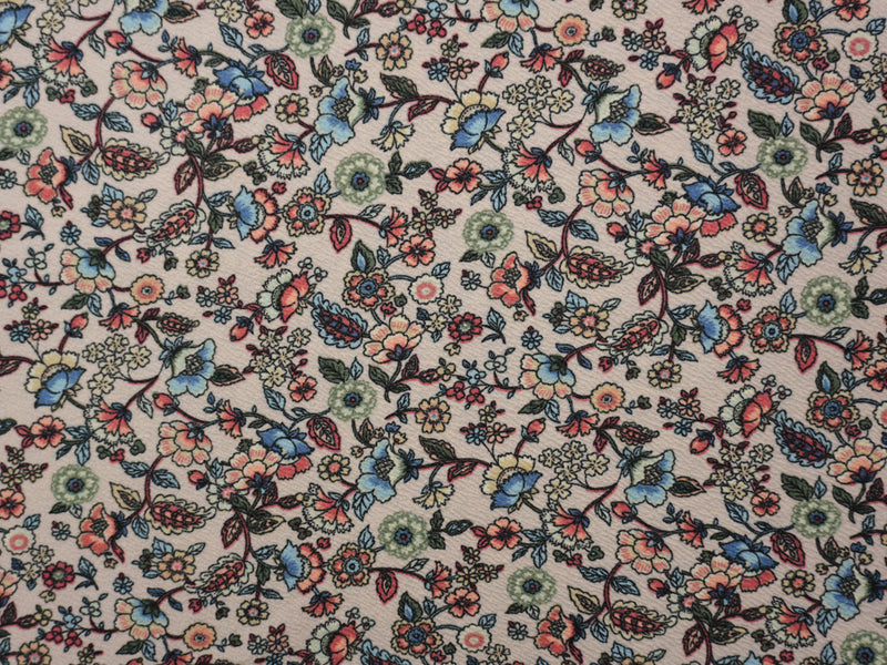 Beige-Coral-Multi Poly Stretch Floral Liverpool Double Knit Fabric