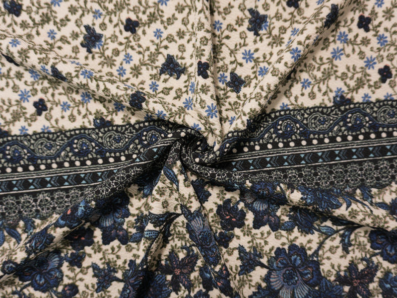 Beige-Black-Multi Poly Floral Liverpool Double Knit Fabric