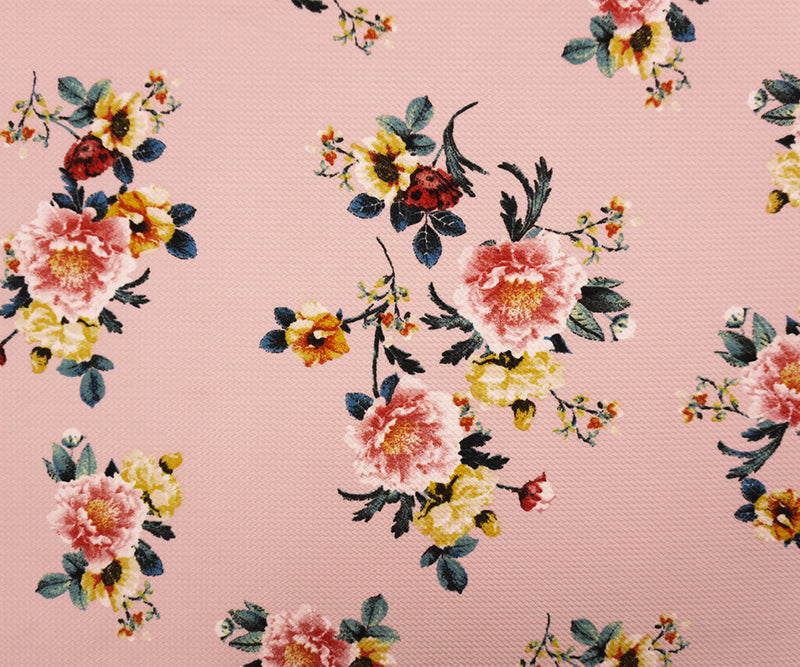 Pink-Yellow-Multi Poly Stretch Floral Bullet Double Knit Fabric