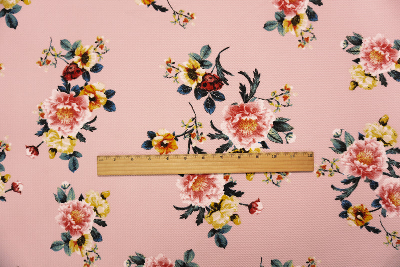 Pink-Yellow-Multi Poly Stretch Floral Bullet Double Knit Fabric