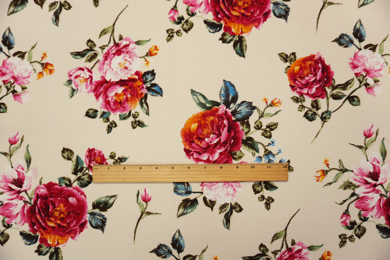 Light Beige-Multi Poly Stretch Floral Bullet Double Knit Fabric