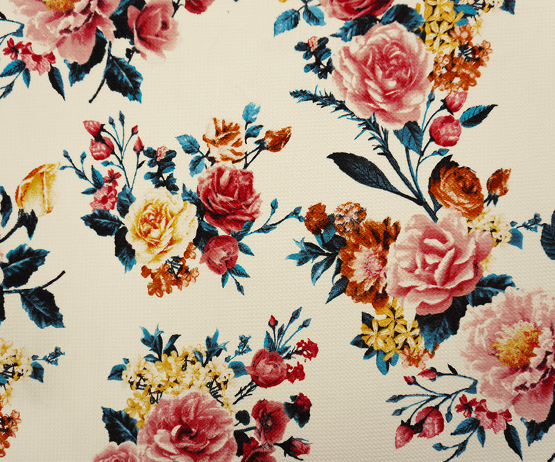White-Red-Brown Poly Stretch Floral Bullet Double Knit Fabric