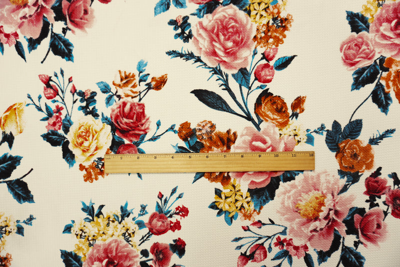 White-Red-Brown Poly Stretch Floral Bullet Double Knit Fabric
