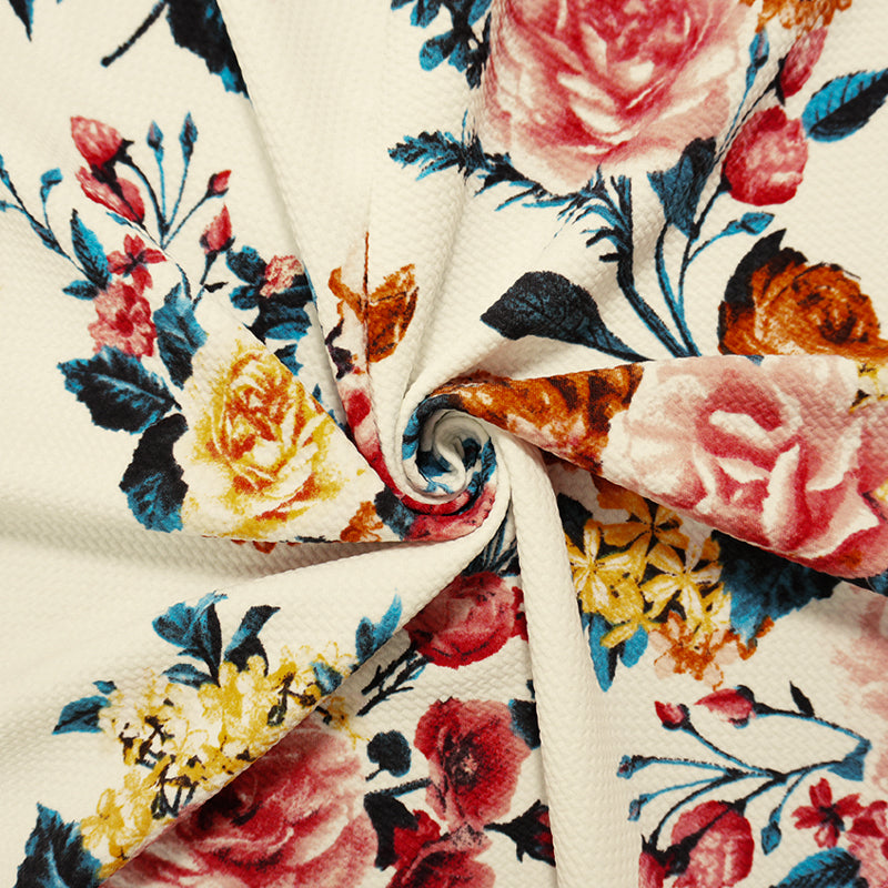 White-Red-Brown Poly Stretch Floral Bullet Double Knit Fabric