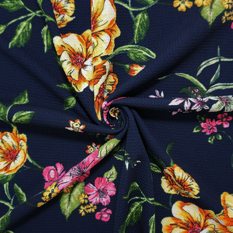Deep Navy-Yellow Poly Stretch Floral Bullet Double Knit Fabric