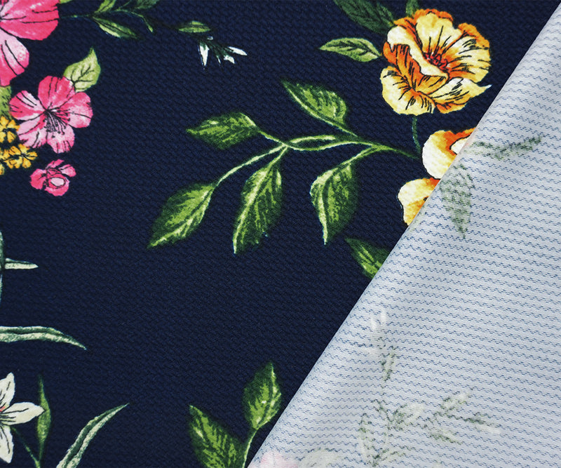 Deep Navy-Yellow Poly Stretch Floral Bullet Double Knit Fabric