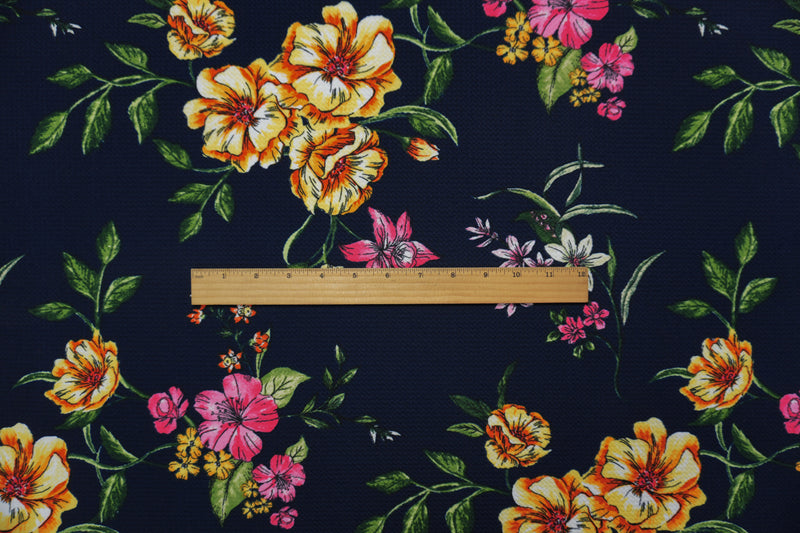 Deep Navy-Yellow Poly Stretch Floral Bullet Double Knit Fabric