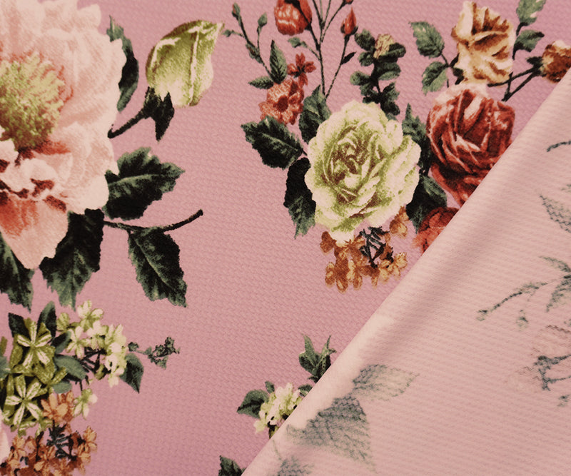 Pink-Brown-Multi Poly Stretch Floral Bullet Double Knit Fabric