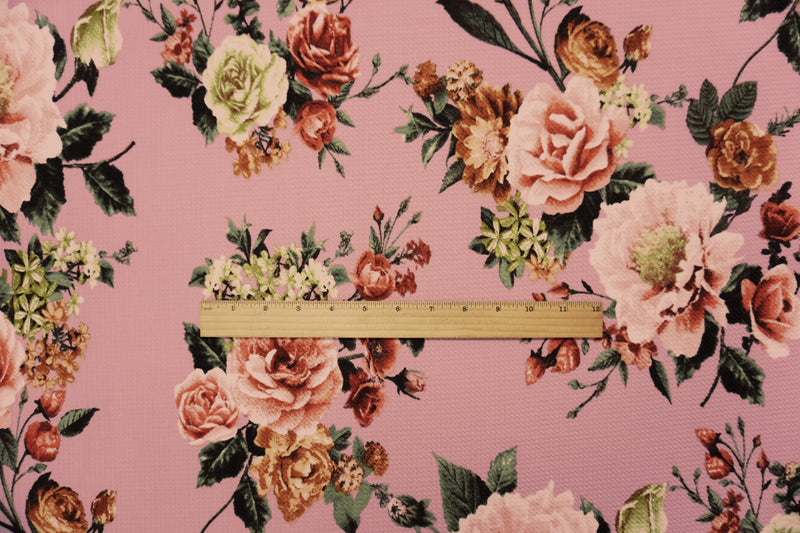 Pink-Brown-Multi Poly Stretch Floral Bullet Double Knit Fabric