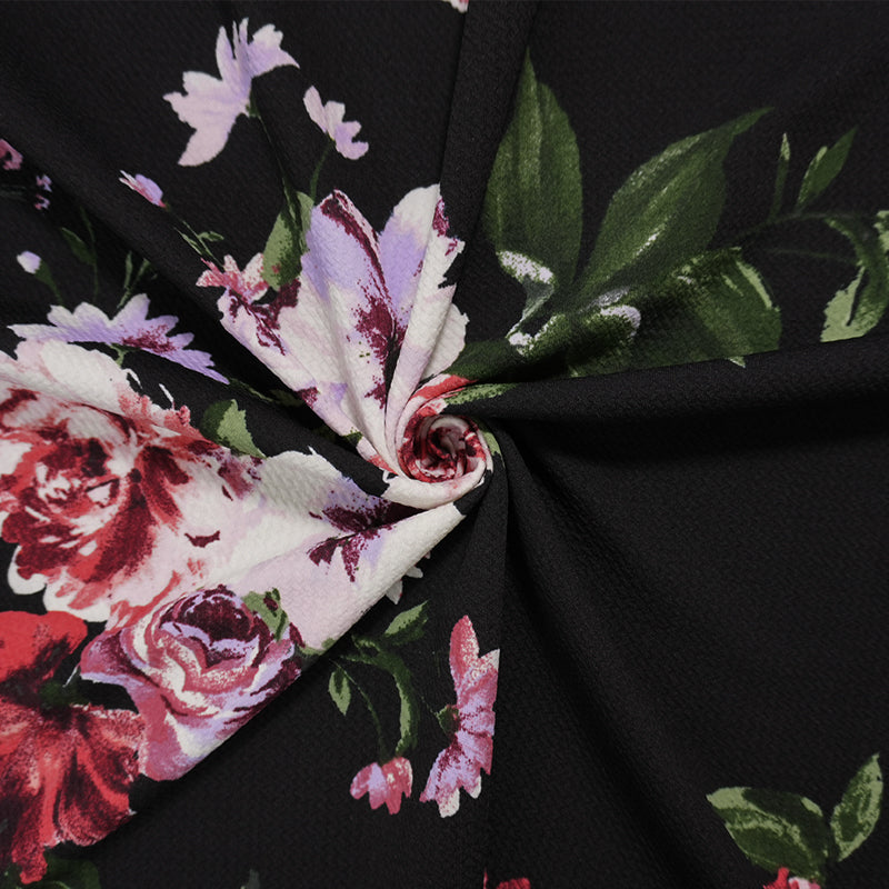 Black-Red-Multi Poly Stretch Floral Bullet Double Knit Fabric
