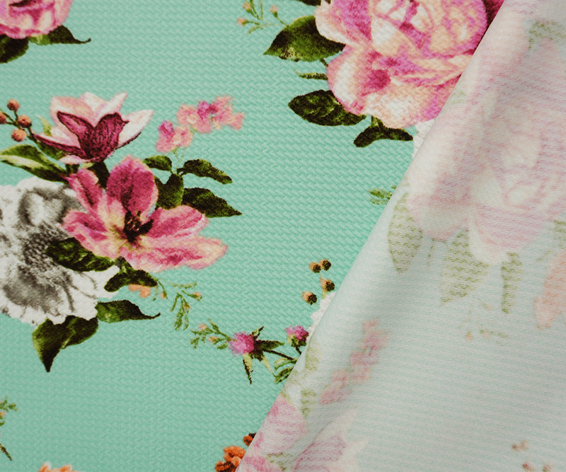 Teal-Multi Poly Stretch Floral Printed Bullet Double Knit Fabric