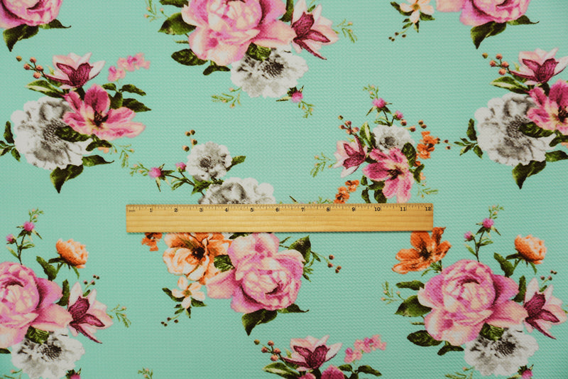 Teal-Multi Poly Stretch Floral Printed Bullet Double Knit Fabric