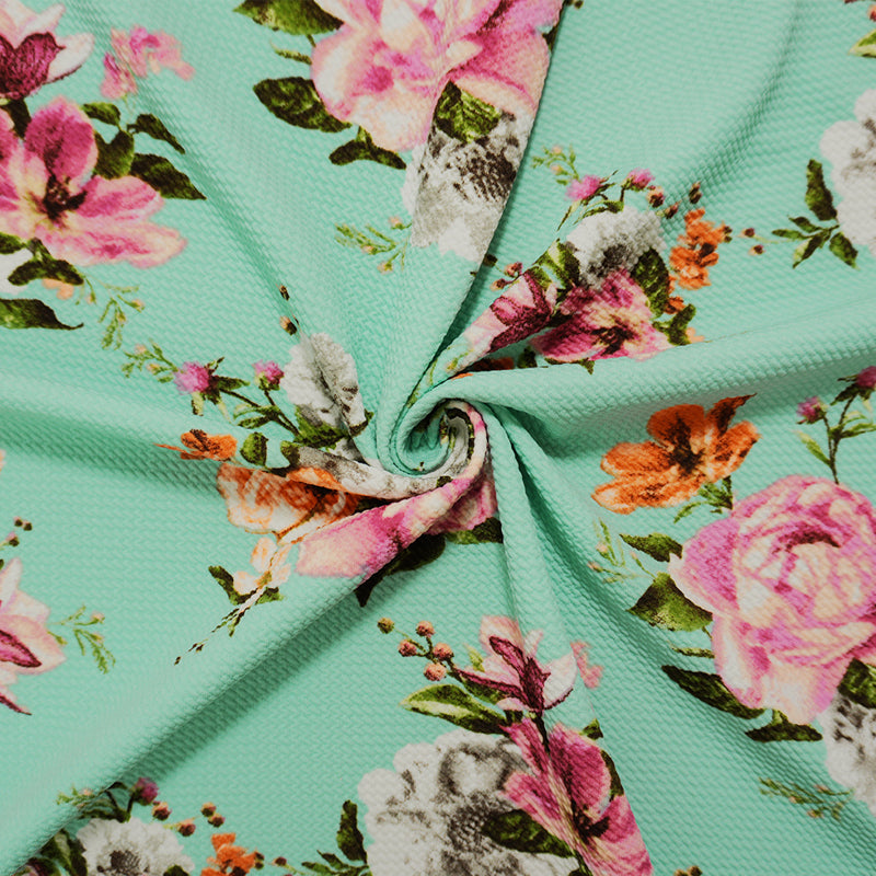 Teal-Multi Poly Stretch Floral Printed Bullet Double Knit Fabric
