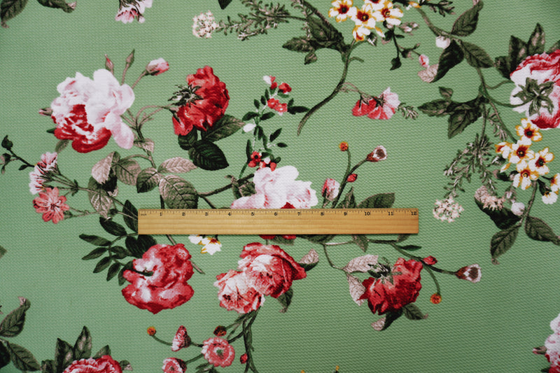 Green-Red Poly Stretch Floral Printed Bullet Double Knit Fabric
