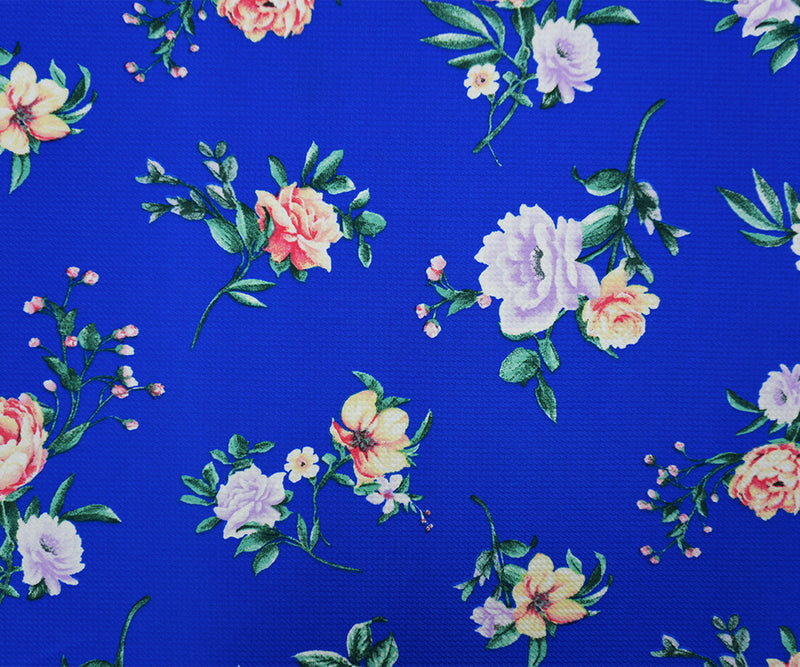 Blue-Multi Poly Stretch Floral Printed Bullet Double Knit Fabric