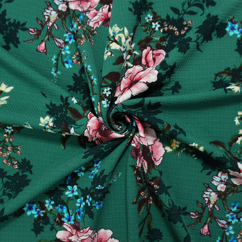 Green-Pink Poly Stretch Floral Printed Bullet Double Knit Fabric