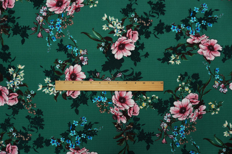 Green-Pink Poly Stretch Floral Printed Bullet Double Knit Fabric