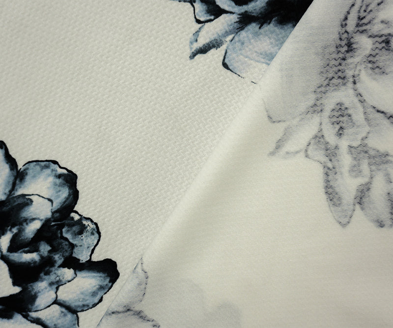 White-Gray-Black Poly Stretch Floral Bullet Double Knit Fabric