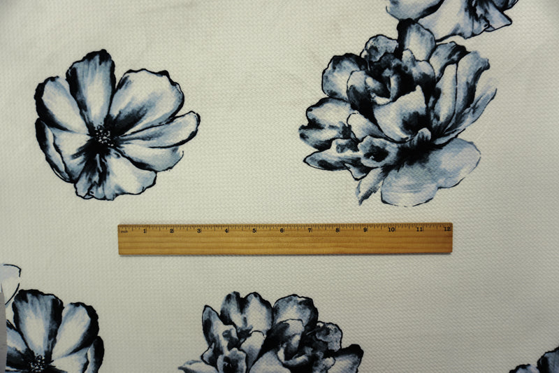 White-Gray-Black Poly Stretch Floral Bullet Double Knit Fabric