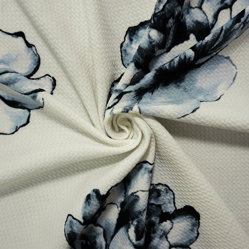 White-Gray-Black Poly Stretch Floral Bullet Double Knit Fabric