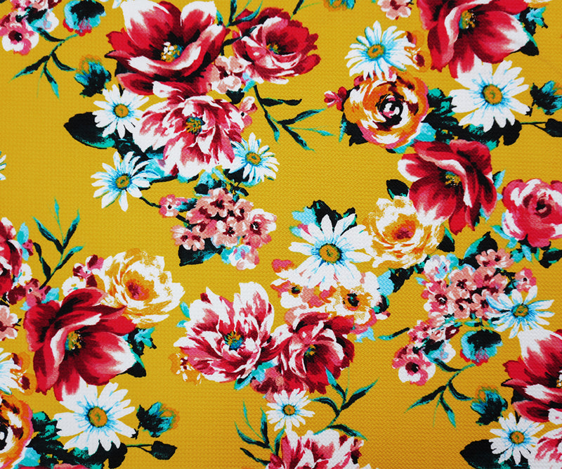 Yellow-Red-Multi Poly Stretch Floral Bullet Double Knit Fabric