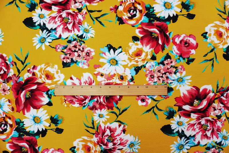 Yellow-Red-Multi Poly Stretch Floral Bullet Double Knit Fabric