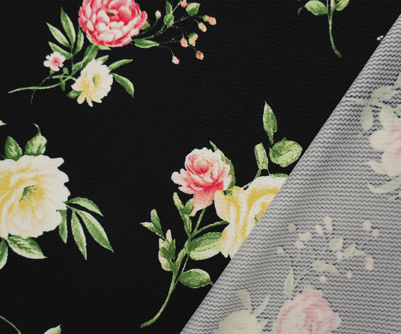 Black-Red-Green Poly Stretch Floral Bullet Double Knit Fabric