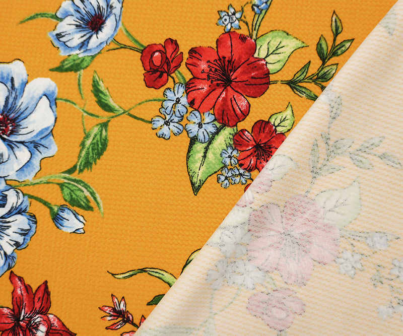 Mustard-Blue-Multi Poly Stretch Floral Bullet Double Knit Fabric