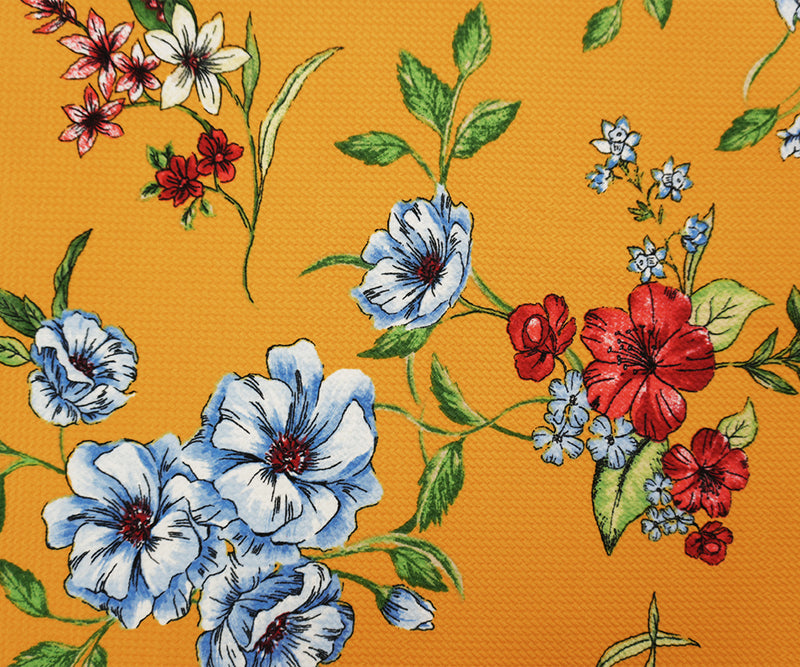 Mustard-Blue-Multi Poly Stretch Floral Bullet Double Knit Fabric