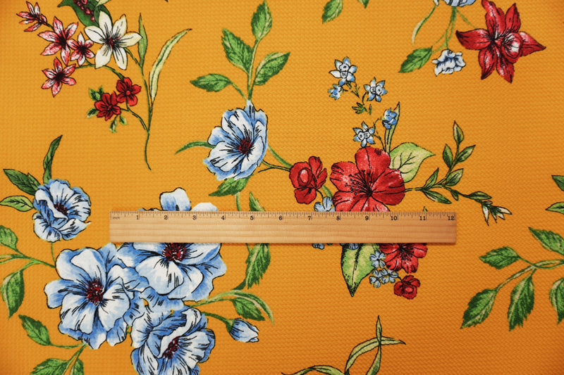 Mustard-Blue-Multi Poly Stretch Floral Bullet Double Knit Fabric
