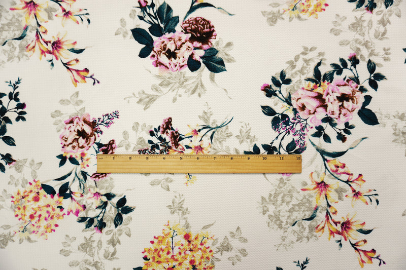 White-Yellow-Multi Poly Stretch Floral Bullet Double Knit Fabric