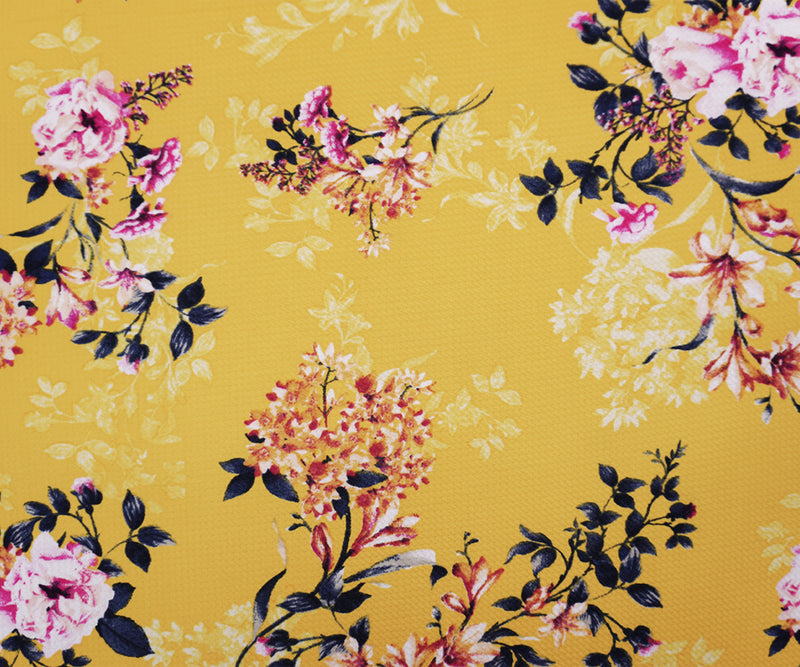 Yellow-Red-Gray Poly Stretch Floral Bullet Double Knit Fabric