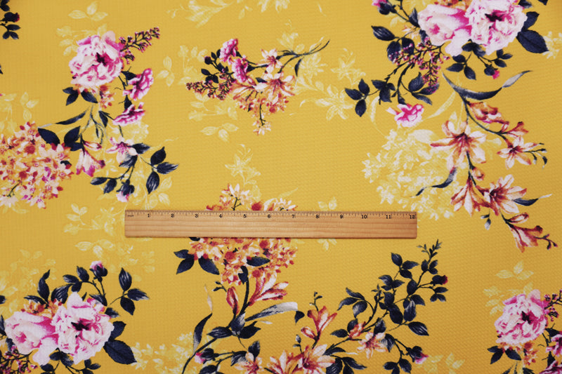 Yellow-Red-Gray Poly Stretch Floral Bullet Double Knit Fabric