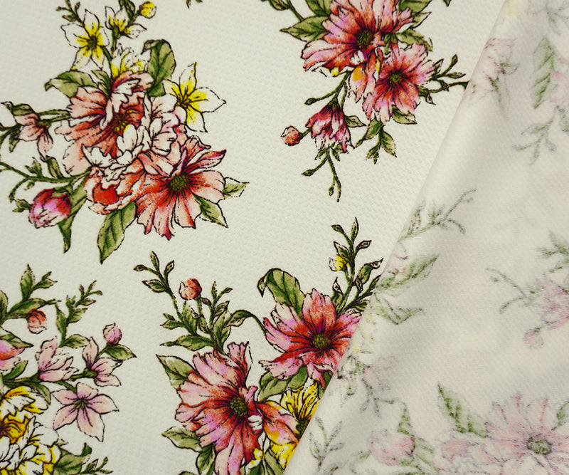 White-Pink-Green Poly Stretch Floral Bullet Double Knit Fabric