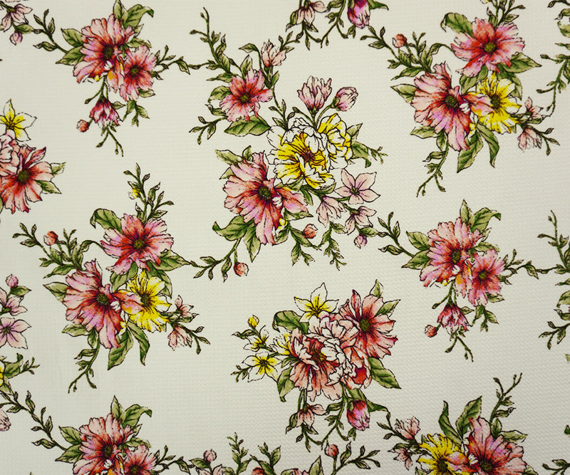 White-Pink-Green Poly Stretch Floral Bullet Double Knit Fabric
