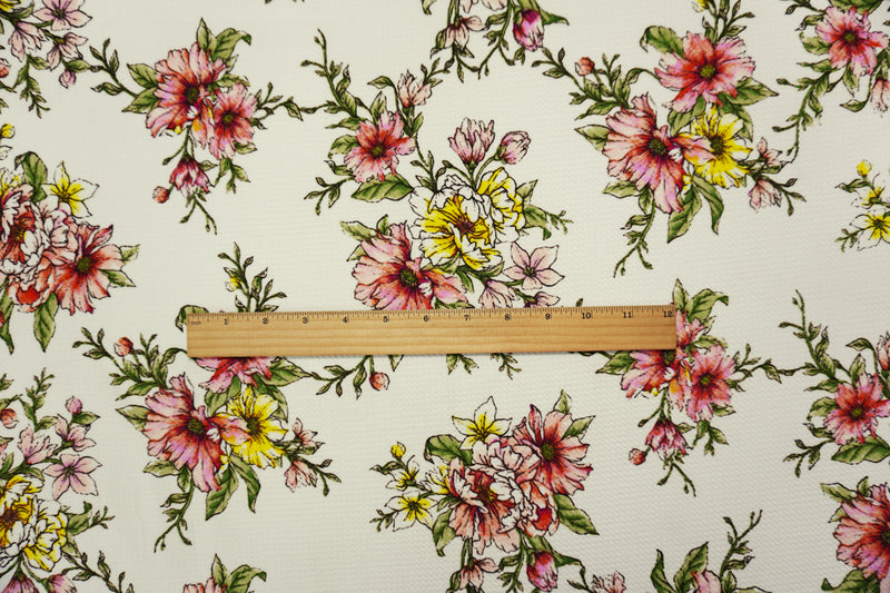 White-Pink-Green Poly Stretch Floral Bullet Double Knit Fabric