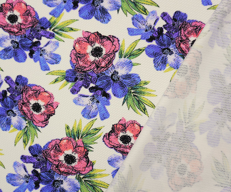 White-Purple-Multi Poly Stretch Floral Bullet Double Knit Fabric